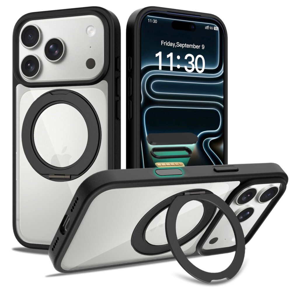 iPhone 17 Pro (18 Pro compatible) - Silver Shield Transparent Rotating Stand (with camera button)