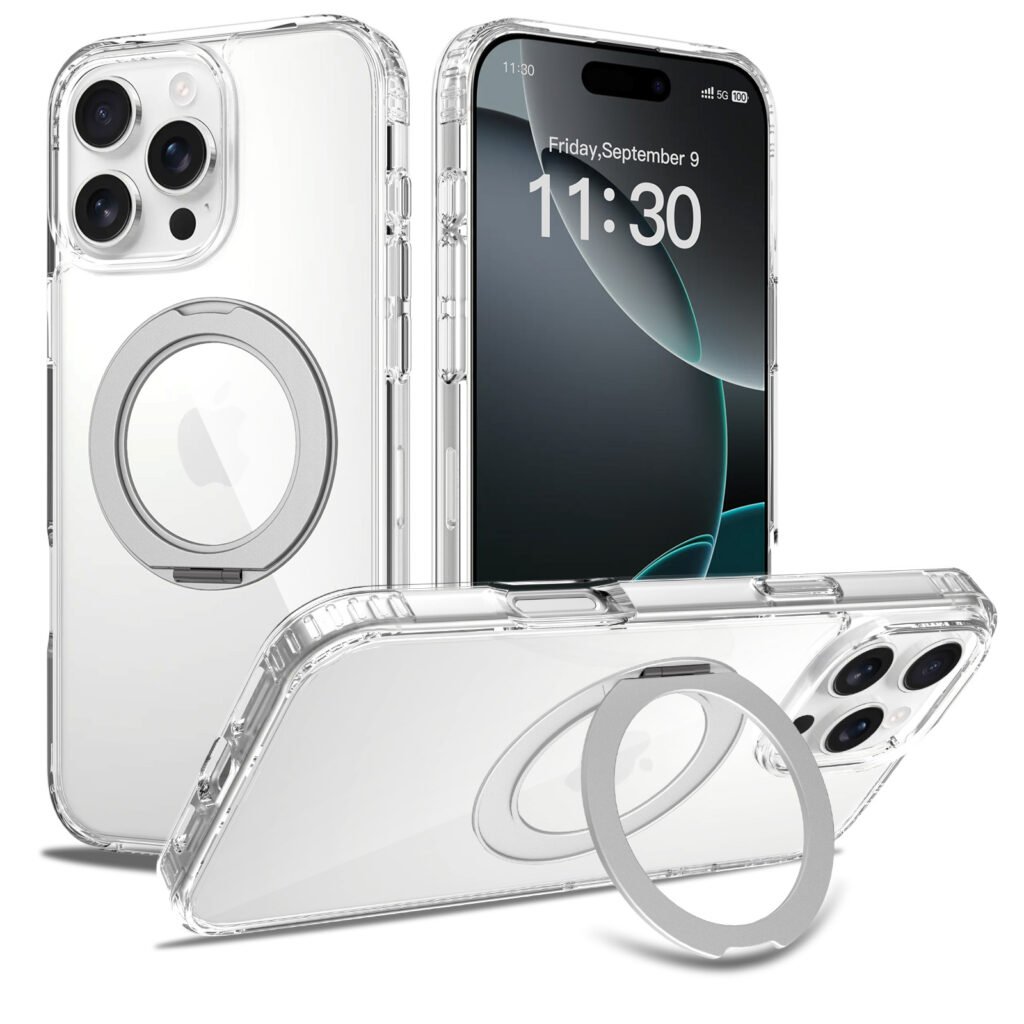 iPhone 16 Promax - Silver Shield Transparent Rotating Stand