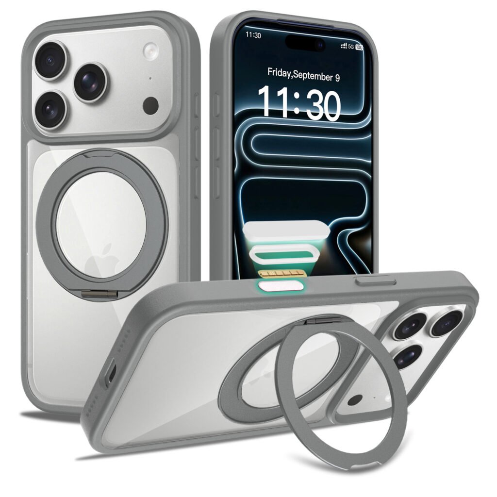 iPhone 17 Pro (18 Pro compatible) - Silver Shield Transparent Rotating Stand (with camera button)